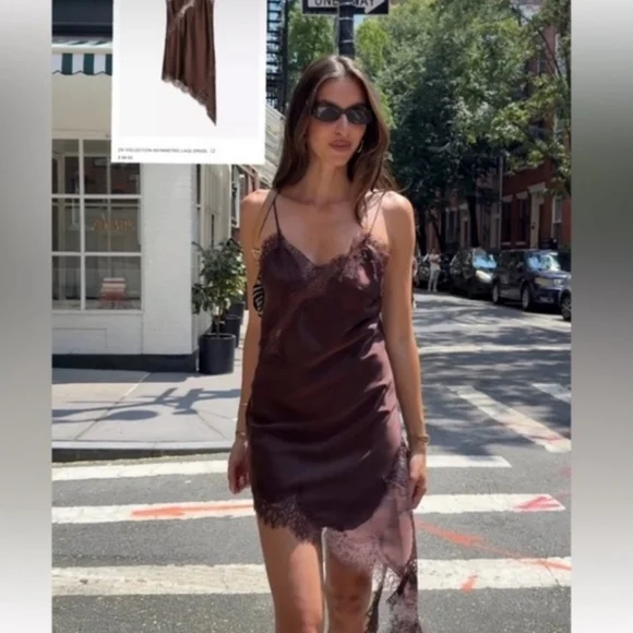 ZARA ASYMMETRIC LACE DRESS Brown Chocolate - Picture 14 of 16